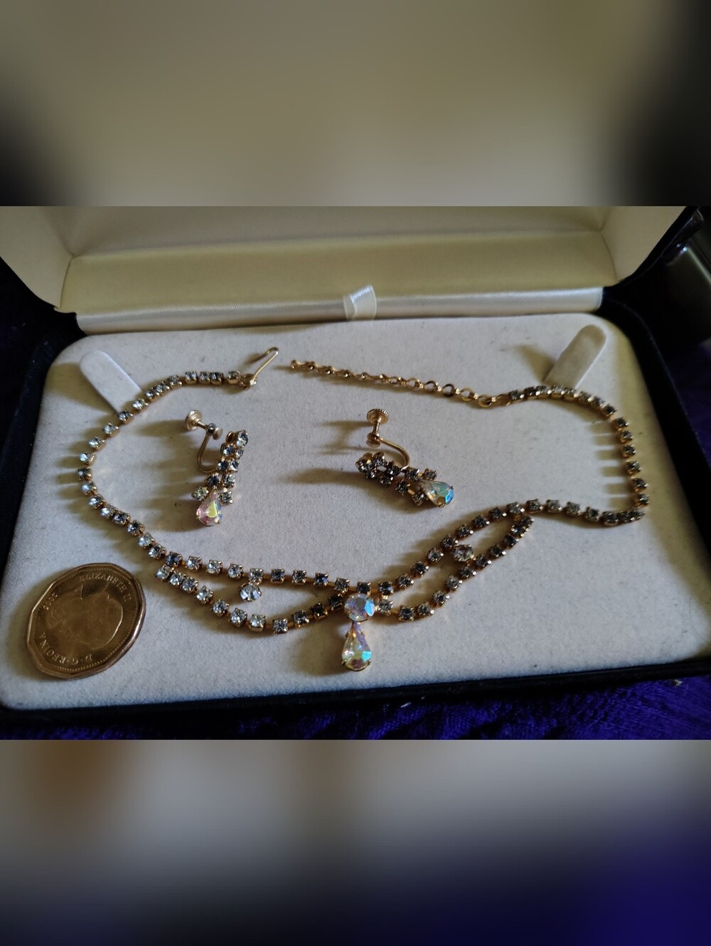 🚨📿Vintage 1950s Aurora Borealis Rhinestone Choker & Earring Demi-Parure Set